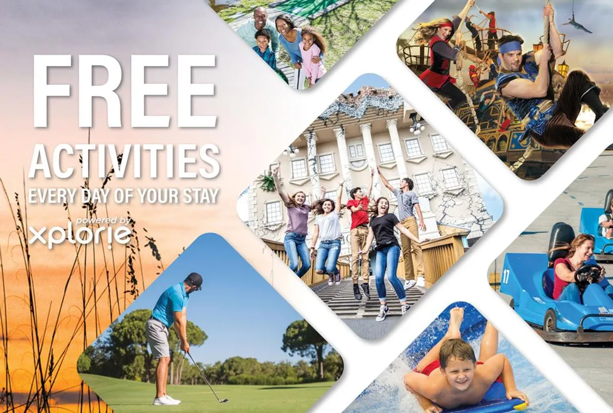 An energetic indoor scene showing families engaged in various recreational activities, from mini-golf to amusement park rides, with dynamic expressions of joy. The image conveys action, excitement, and togetherness.